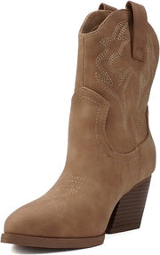 Soda Blazing Taupe Pu Pointed Toe Stitched Block Heeled Western Ankle Boots