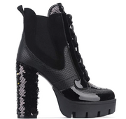 CAPE ROBBIN NELL CHUNKY BLOCK HIGH HEEL PLATFORM SEQUIN LACE UP BOOTS BLACK