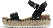 Soda Clip Black Pu (Whipped Stitch) Open Toe Ankle Strap Espadrille Sandals