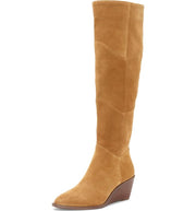 1.State Kern Marigold Tan Suede Knee High Low Wedge Pointed Toe Dress Boots