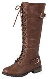 Forever Link Women's Mango-27 BROWN Strappy Lace-up Knee High Combat Stacked Heel Boot
