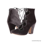 Mia Ellena Charcoal Grey Velvet Lace Up Round Toe Block Heel Retro Booties