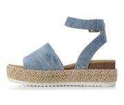 Soda Topic Blue Denim Open Toe Buckle Ankle Strap Espadrilles Flatform Wedge Sandals