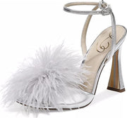 Sam Edelman Leon Silver Feather Pom Pom Detail Ankle Strap High Heel Sandals