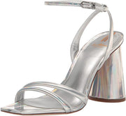 Sam Edelman Kia Soft Silver Squared Open Toe Ankle Strap Block Heeled Sandals