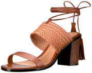 Schutz Luky Saddle Brown Woven Leather Chunky City Heel Wrap Tie Up Sandals