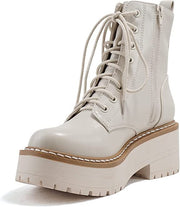 Soda Fling Off White Pu Lace Up Chunky Lug Sole Rounded Toe Combat Ankle Boots