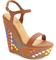 Lauren Lorraine Paris Jeweled Platform Tan Brown Wedge Sandals High Heel Tan