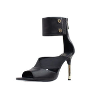 Cecelia New York Mirror Black Open Toe Gold Stiletto Heel Stretch Strap Sandals