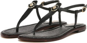 Sam Edelman Gigi Black Signet Embossed Open Toe Ankle Strap Flats Wide Sandals