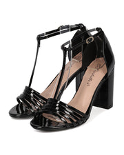 Breckelles Aniston-17 Black Patent PU Open Toe T-Strap Block Heel Retro Sandal (8)