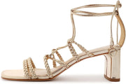 Schutz Lunah Mid Gold Strappy Lace Up Open Squared Toe Mid Block Heel Sandals
