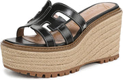 Sam Edelman Laine Black Leather Wedge Heel Open Toe Slip On Espadrille Sandals