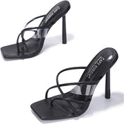 Cape Robbin SORA Black Clear HIgh Heel Mule Slip On Strappy Open Toe Sandals