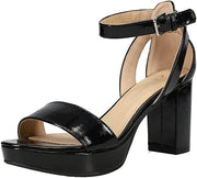 Chinese Laundry Go On Black Patent Ankle Strap Open Toe Block Heeled Sandals