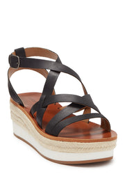 Lucky Brand Jasmei Black Leather Espadrille Platform Caged Ankle Wedge Sandals