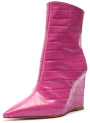 Schutz Very Pink Croc-Embossed Side Zip Pointed Toe Wedge Heel Boots