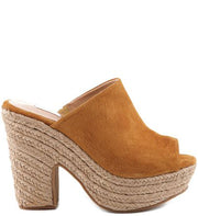 Schutz Eviana Brownie Tan Suede Platform Open Toe Espadrille Mules Sandal