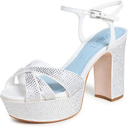 Schutz Keefa Crystal White Ankle Strap Open Toe Block Heel Platform Sandals