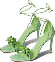 Schutz Tasha Lime Green Embellished Lace Up Open Toe Stiletto High Heel Sandals