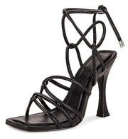 Schutz Toller Black Strappy Lace Up Squared Open Toe Stiletto High Heel Sandals