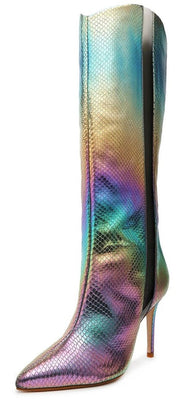 Schutz Maryana Rainbow Light Snake Embossed Pointed Toe High Heel Tall Boots