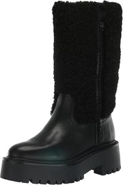 Sam Edelman Elfie Black Leather Rounded Toe Chunky Sole Shearling Mid Calf Boots