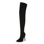 Liliana Gisele-7 Black Thigh High Stretchy Suede Fitted Stiletto Boot