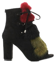 Cape Robbin Tia-1 Open Peep Toe Faux Fur Lace Block Heel Ankle Bootie Boot Black