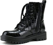 Soda Firm Black Croco Patent Lace Up Round Toe Chunky Combat Ankle Wide Boots