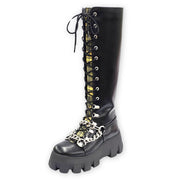 Circus NY Abrina Black Multi Riding Chunky Lace Up Platform Moto Buckle Boots