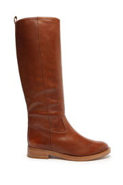 Schutz Goldie Dark Caramel Mid Calf Leather Block Flat Heel Riding Boots