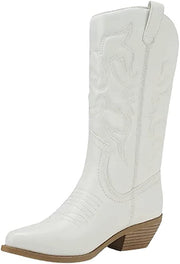 Soda Reno-S Cowboy Pointed Toe Knee High Western Stitched Boots White (7, White)