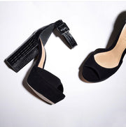 Schutz Black Croc Suede Thick Heel Retro Ankle Strap Peep Toe Pump Sandals