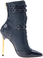 Luichiny Fine By Me Navy Leather Lace Up Stiletto Metal Heel Pointed Sexy Bootie