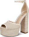 Sam Edelman Kori Natural Linen Ankle Strap Peep Toe Fashion Block Heeled Sandals