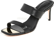 Schutz Aruana Black Double Strap Gold Trim Slip On Open Toe High Heel Sandals