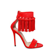 Brian Atwood Pepper Red Suede Dangling Fringe Open Toe High Heel Sandals