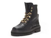 Vince Camuto Popinta Black Smooth Snake Closure Rounded Toe Chain Detailed Boots