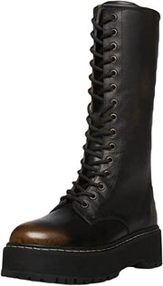 Steve Madden Benson Black Distressed Lace Up Moto Lug Sole Mid Calf Leather Boot