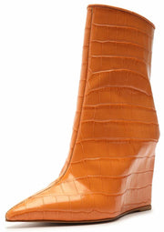 Schutz Bright Tangerine Croc-Embossed Orange Pointed Toe Wedge Heel Boots