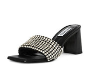 Steve Madden Laney Black Crytals Details Slip On Open Toe Mid Block Heel Sandals