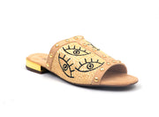 Schutz Nude Graphic Jute Leather Edging, Gold Ornamented Flat Sandals