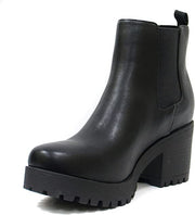 Soda Jaber Black Pu Chunky Lug Sole Elastic Gore Pull On Chelsea Ankle Boots