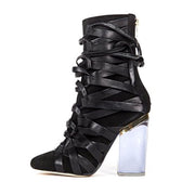 Lust For Life Women's Fanatik Lucite Glass Heel Lace Up Strap Biker Ankle Bootie