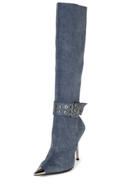 Jeffrey Campbell Flashback Blue Denim Silver Stiletto Heel Pointed Toe Boots