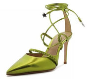 Schutz Lunah Metallic Green Lace Up Strappy Stiletto Heel Pointed Toe Pumps