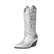 Steve Madden West Silver Leather Pull On Pointed Toe Block Heel Western Boots