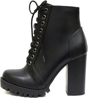 SODA Chalet Fashion Lace up Stacked Heel and Side Zipper Black