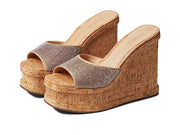Schutz Dalle Crystal Beige Embellished Strap Slip On High Heel Wedges Sandals
